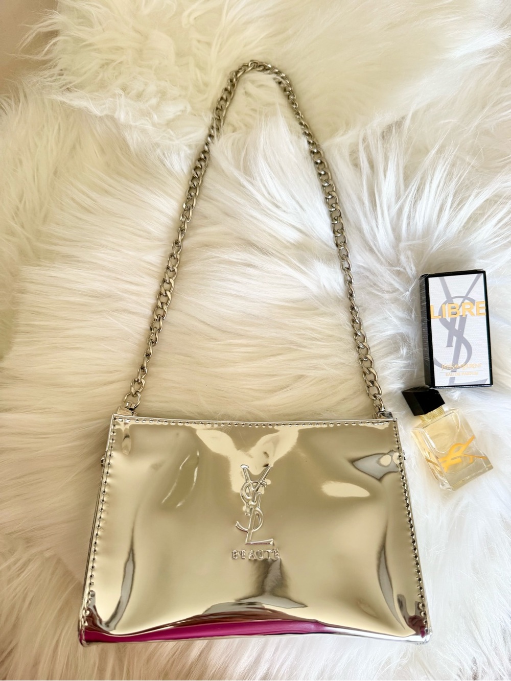 YSL Beaute Silver Mirror Metallic snap clutch and chain w/ small libre perfume
